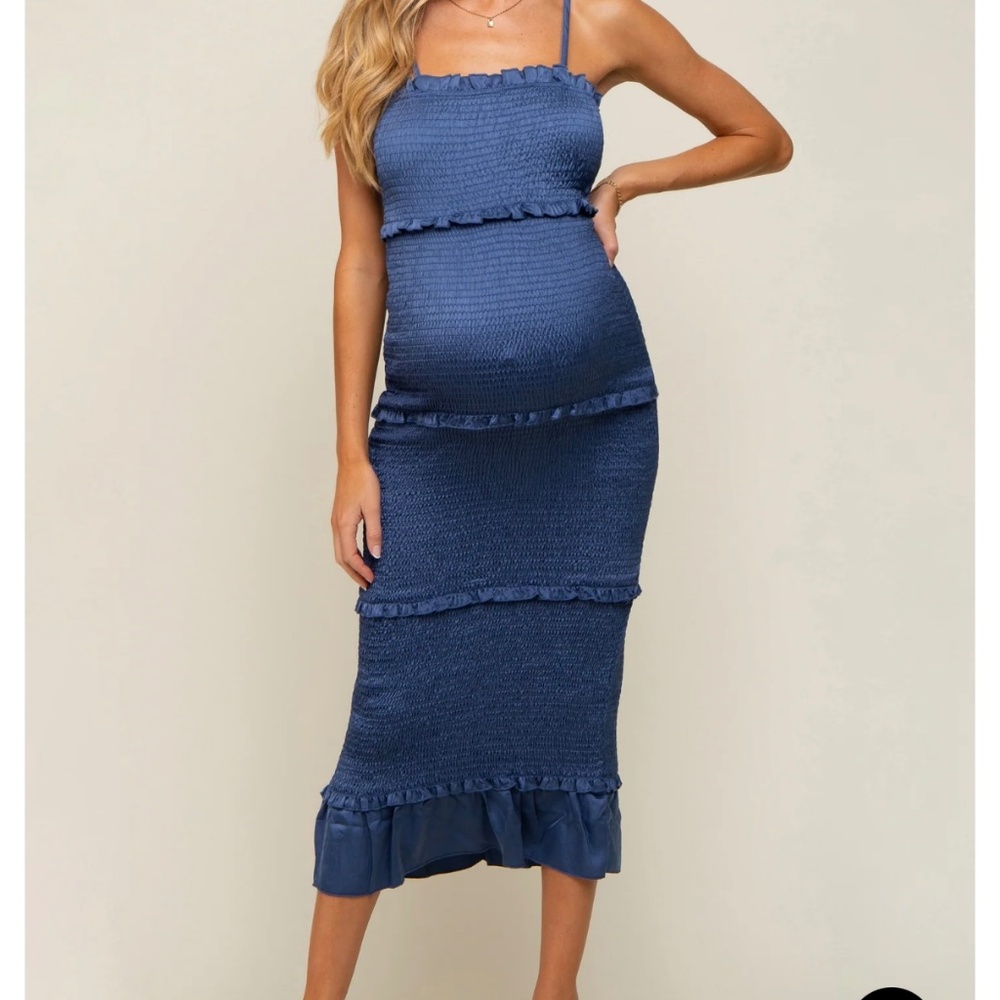 Blue Satin Smocked Fitted Maternity Dress